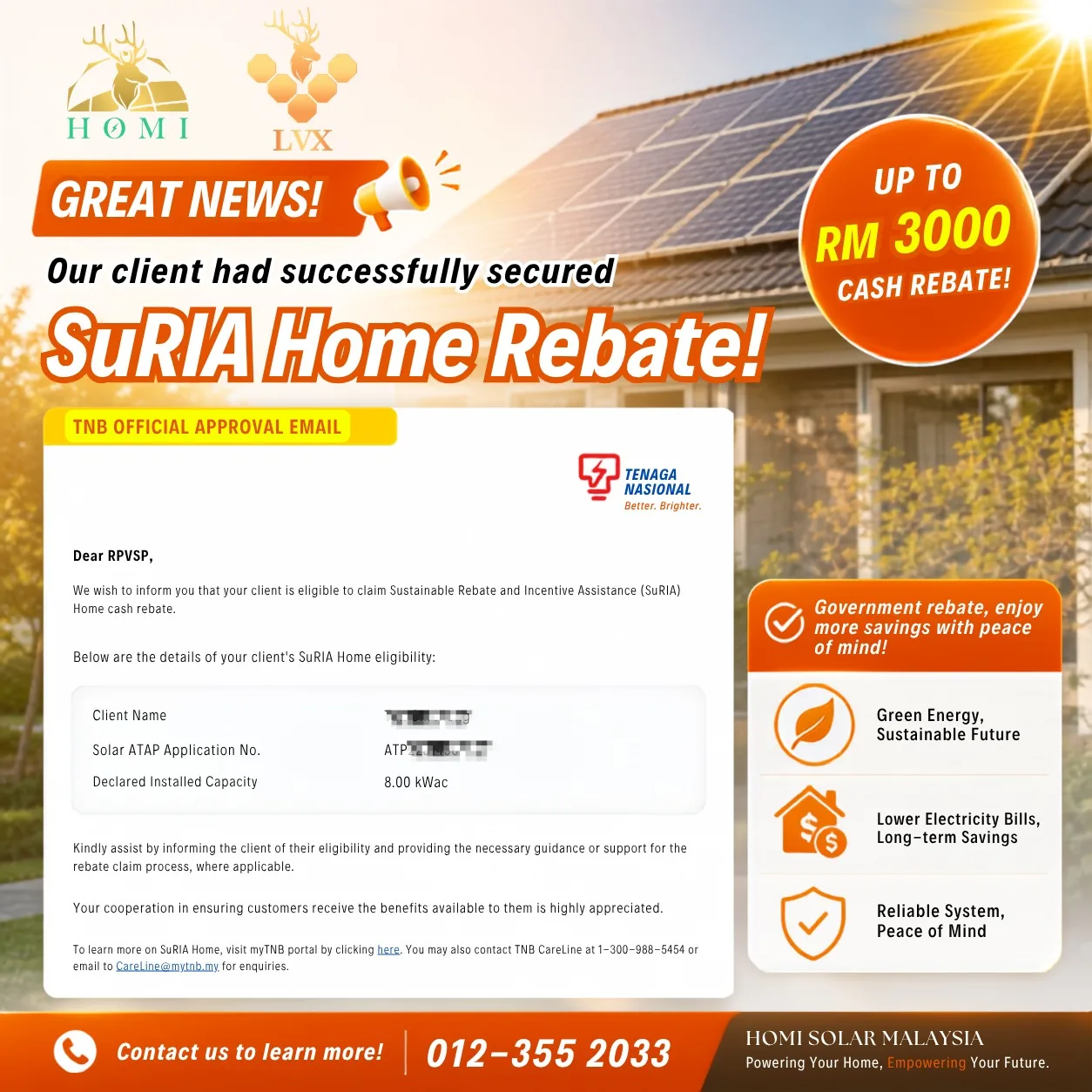 Great news graphic showing SuRIA Home rebate approval for a Homify customer