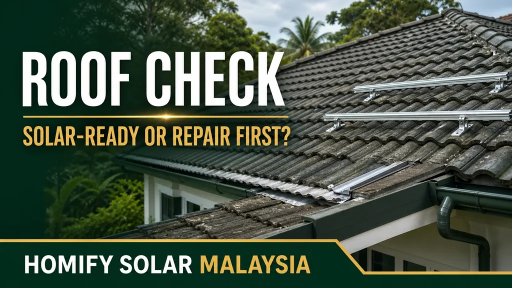 Technician inspecting a Malaysian tiled roof before solar installation