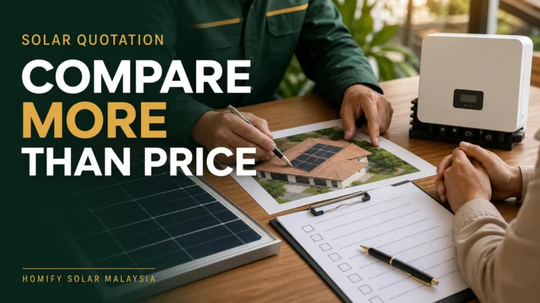 Installer and homeowner comparing a Malaysian rooftop solar quotation and equipment