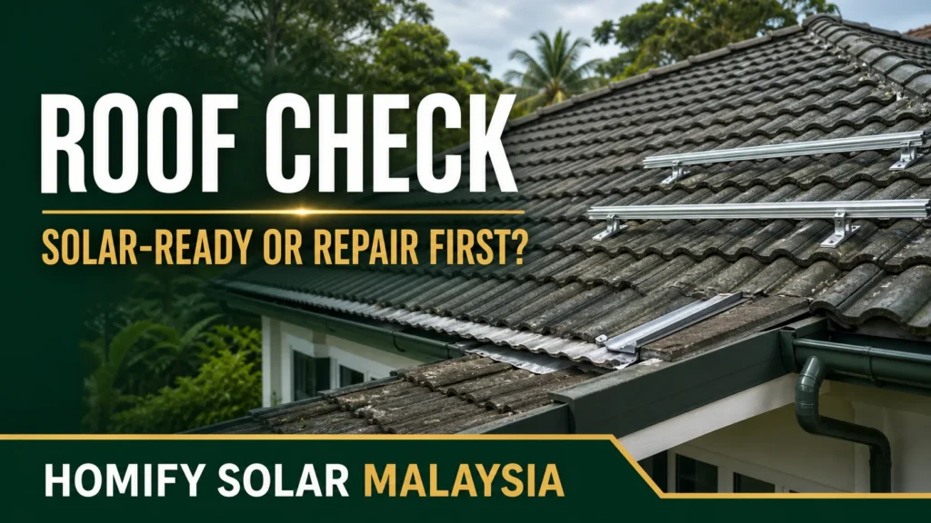 Technician inspecting a Malaysian tiled roof before solar installation