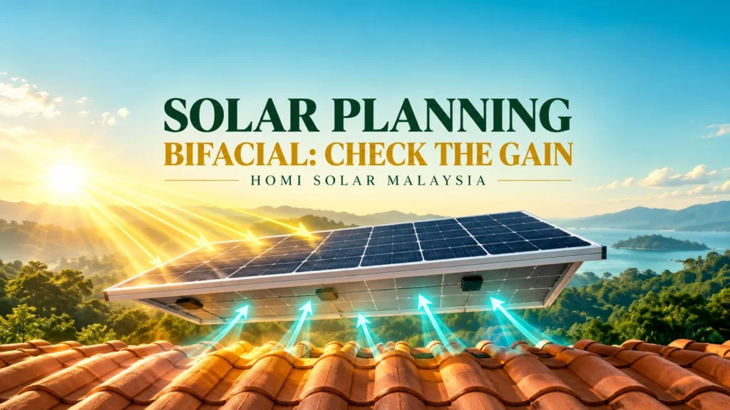 AI concept of a bifacial solar module above a tiled roof with front and reflected light; not an actual HOMI installation.