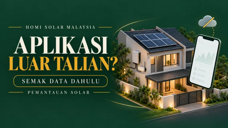 Ilustrasi konsep janaan AI tentang rumah solar Malaysia, inverter, penghala dan aplikasi pemantauan dengan jurang komunikasi.
