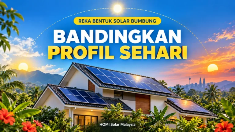 Kulit pendidikan HOMI Solar Malaysia yang menunjukkan bumbung Malaysia berwarna-warni dibahagi kepada zon penjanaan solar pagi, tengah hari dan petang