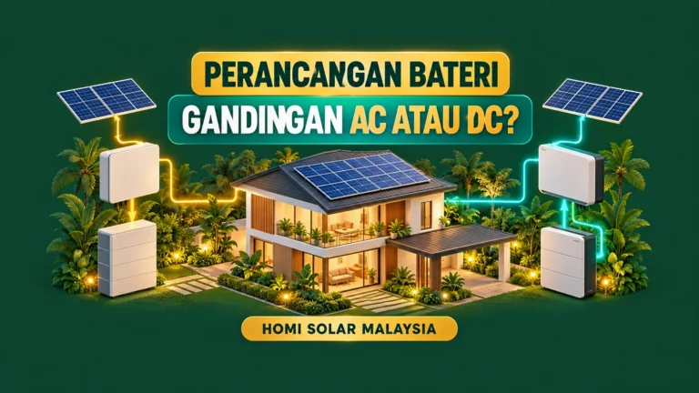 Konsep AI rumah tropika dengan panel, bateri dan inverter; bukan pemasangan HOMI sebenar.