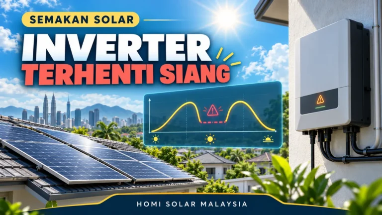 Kulit pendidikan HOMI Solar Malaysia dengan sistem solar bumbung berwarna-warni, simbol amaran inverter dan jurang pengeluaran tengah hari