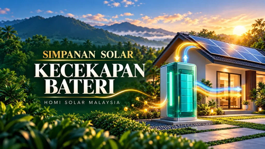 Ilustrasi konsep AI rumah solar dan bateri simpanan dengan aliran serta kehilangan tenaga; bukan pemasangan HOMI sebenar.