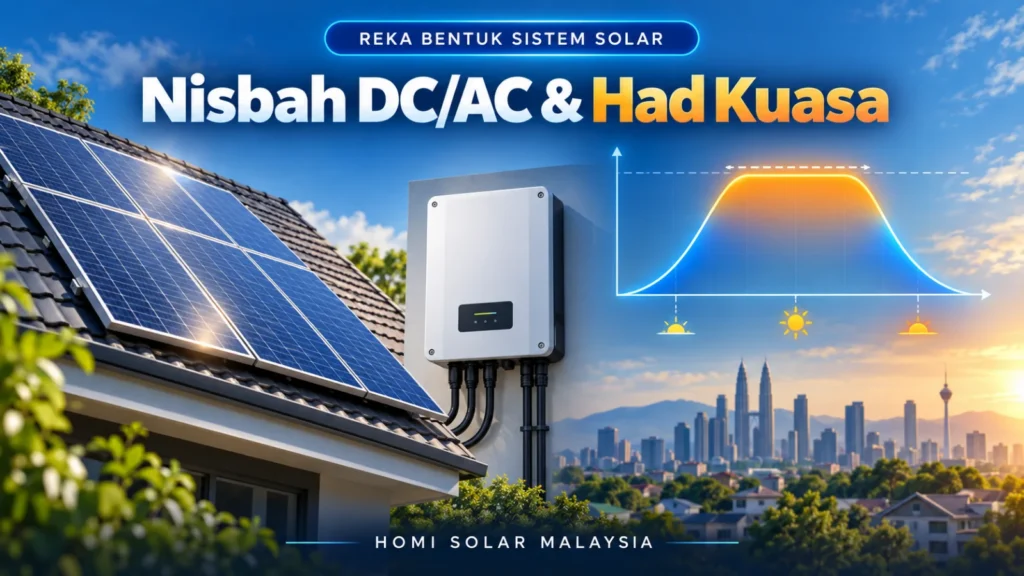 Kulit pendidikan HOMI Solar Malaysia yang menunjukkan tatasusunan solar berwarna-warni, penyongsang dan lengkung penjanaan dengan puncak tengah hari diratakan