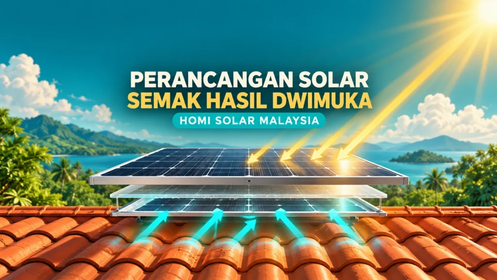 Konsep AI modul solar dwimuka di atas bumbung genting dengan cahaya hadapan dan pantulan; bukan pemasangan HOMI sebenar.