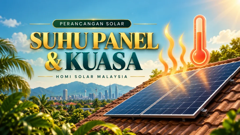 Konsep pendidikan AI panel solar di bawah cahaya tropika dengan simbol termometer; bukan pemasangan HOMI sebenar.