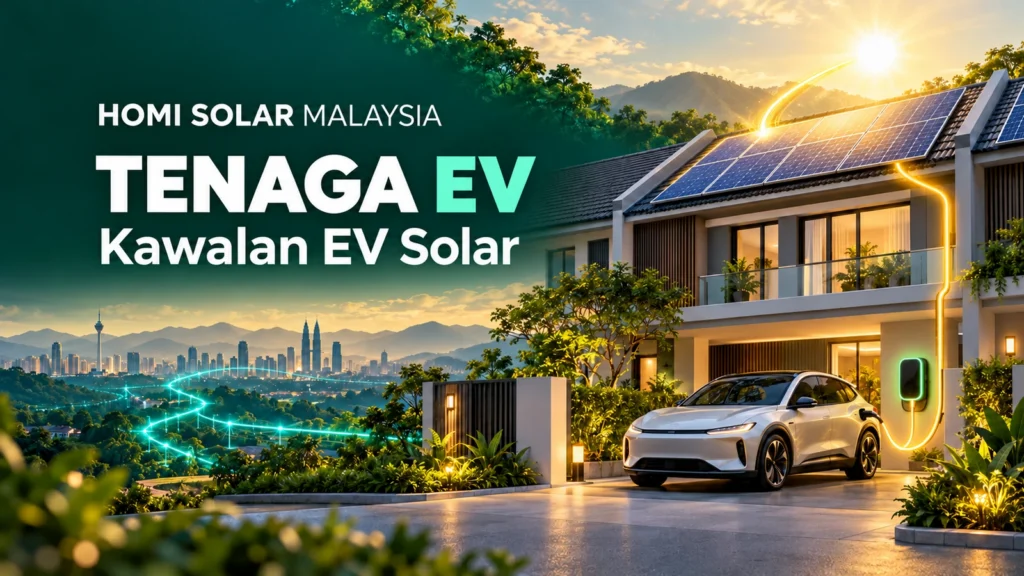 Ilustrasi konsep janaan AI sebuah rumah solar Malaysia dan pengecas EV dengan laluan tenaga solar dan grid; bukan pemasangan HOMI sebenar.