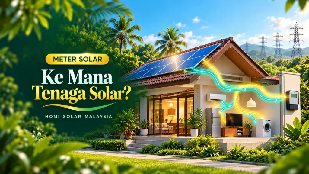 Ilustrasi konsep janaan AI rumah solar Malaysia yang membahagikan tenaga kepada kegunaan rumah dan grid; bukan pemasangan HOMI sebenar.