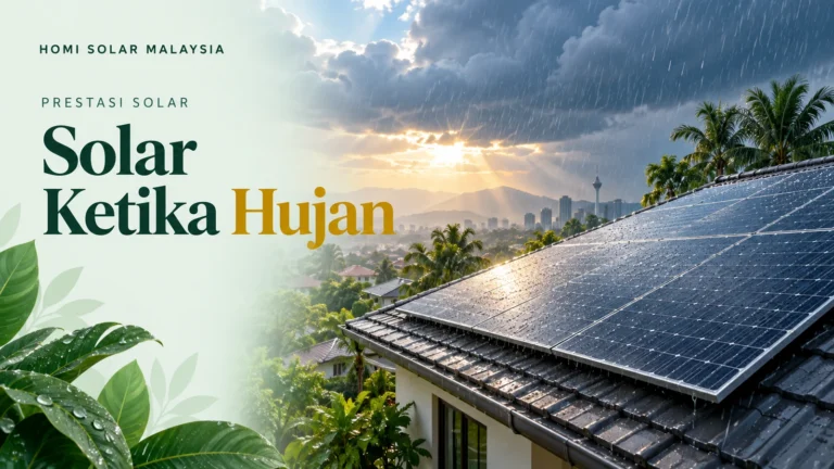 Ilustrasi editorial AI panel solar bumbung di bawah awan hujan Malaysia dalam warna hijau tua dan emas.