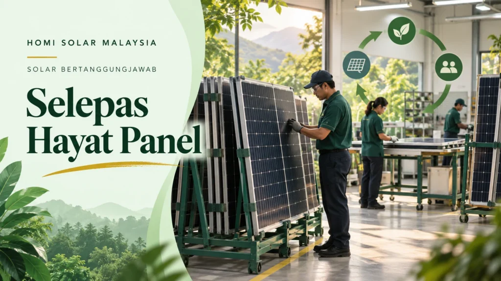 Ilustrasi editorial janaan AI tentang pengurusan akhir hayat panel solar dan penyimpanan rekod