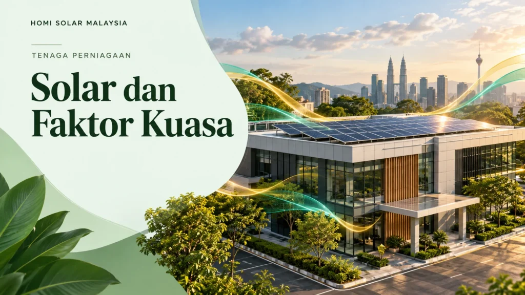 Ilustrasi AI bangunan komersial dengan solar; bukan pemasangan pelanggan HOMI sebenar.