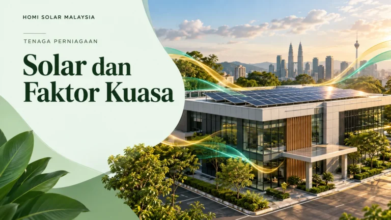 Ilustrasi AI bangunan komersial dengan solar; bukan pemasangan pelanggan HOMI sebenar.