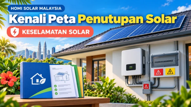 Kulit pendidikan HOMI Solar Malaysia yang menunjukkan papan serahan solar berlabel dan peta penutupan