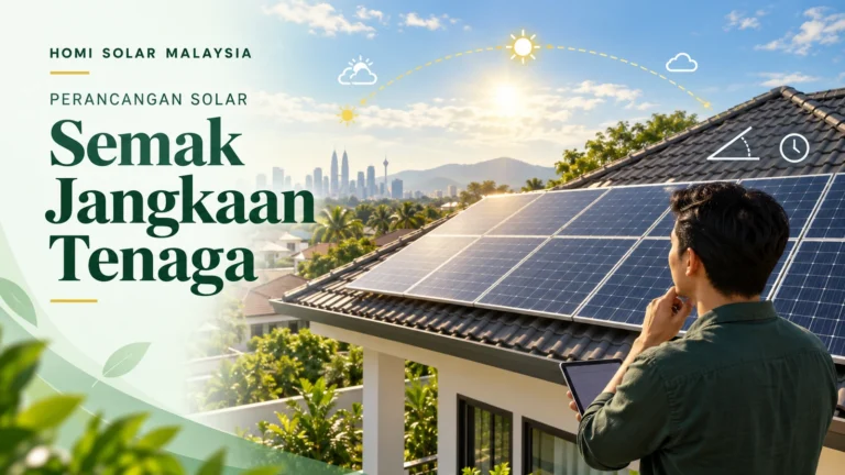 Ilustrasi editorial AI pelan bumbung dan ramalan hasil solar Malaysia dalam warna hijau tua dan emas.
