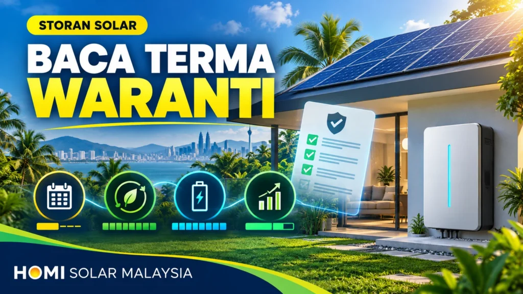 Kulit pendidikan HOMI Solar Malaysia yang menunjukkan bateri rumah Malaysia dan empat semakan waranti: tahun, daya pemprosesan, kapasiti boleh guna dan kapasiti akhir