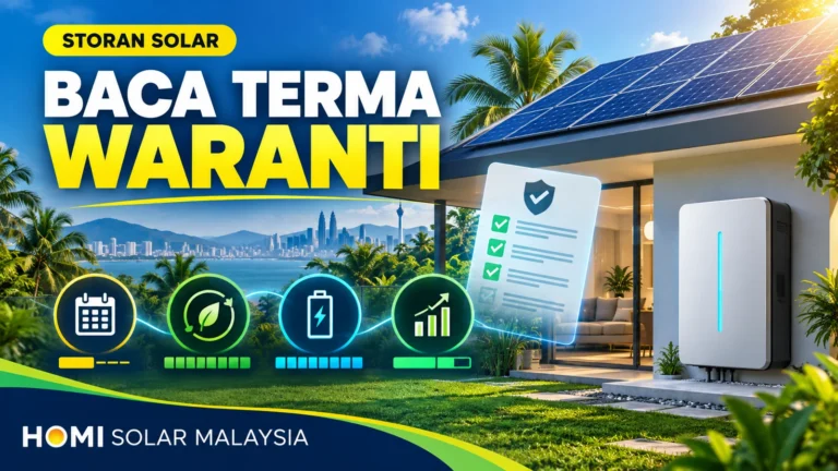Kulit pendidikan HOMI Solar Malaysia yang menunjukkan bateri rumah Malaysia dan empat semakan waranti: tahun, daya pemprosesan, kapasiti boleh guna dan kapasiti akhir