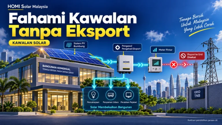 Kulit pendidikan HOMI Solar Malaysia yang menunjukkan bangunan komersial Malaysia, solar bumbung dan pengawal tanpa eksport yang mengimbangi beban tapak