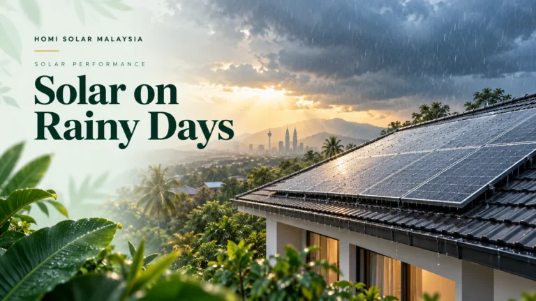 AI editorial illustration of rooftop solar beneath Malaysian rain clouds in deep green and gold.