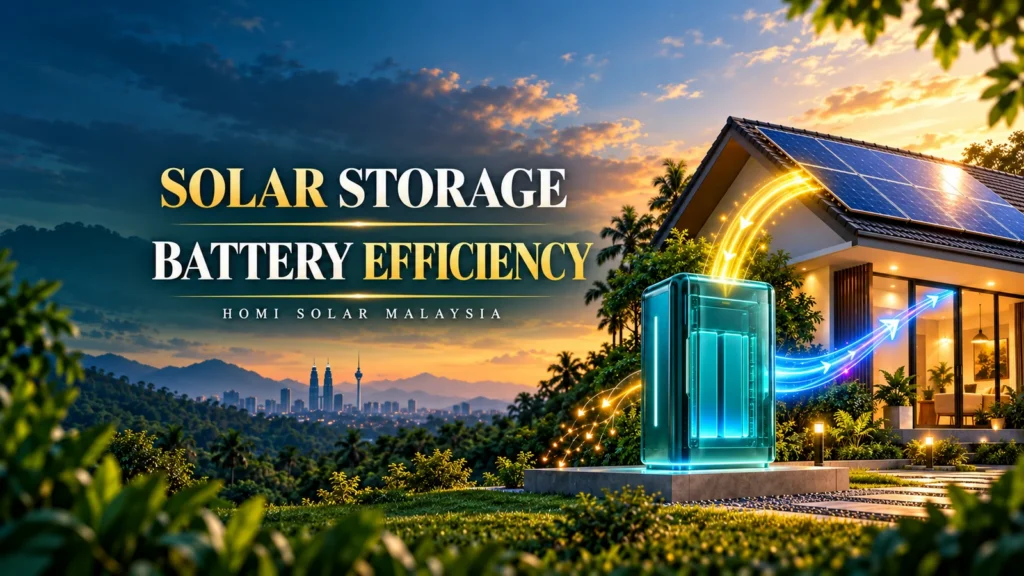 AI conceptual illustration of a solar home and storage battery showing energy flow and losses; not an actual HOMI installation.