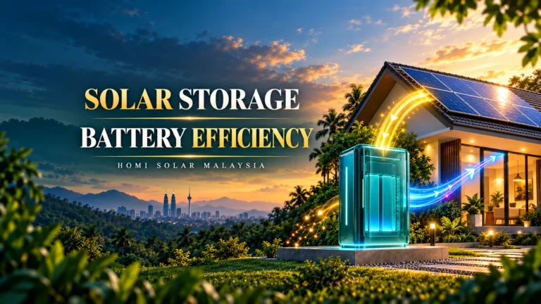 AI conceptual illustration of a solar home and storage battery showing energy flow and losses; not an actual HOMI installation.