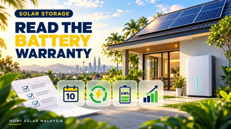 HOMI Solar Malaysia educational cover showing a Malaysian home battery beside four warranty checkpoints: years, throughput, usable capacity and end capacity