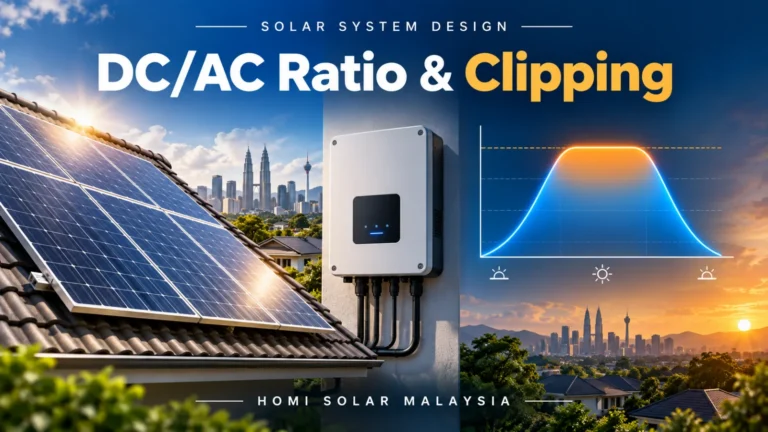HOMI Solar Malaysia educational cover showing a colourful solar array, inverter and production curve with a clipped midday peak