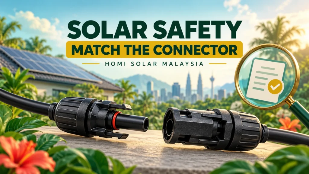 AI concept illustration of separate solar DC connectors and a document check; not an actual HOMI installation or proof of an approved pair.
