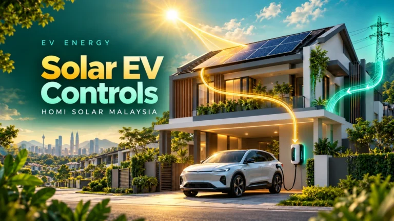 AI-generated conceptual illustration of a Malaysian solar home and EV charger with solar and grid energy paths; not an actual HOMI installation.
