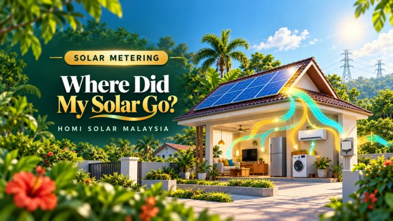 AI-generated conceptual Malaysian solar home showing energy shared between household use and the grid; not an actual HOMI installation.