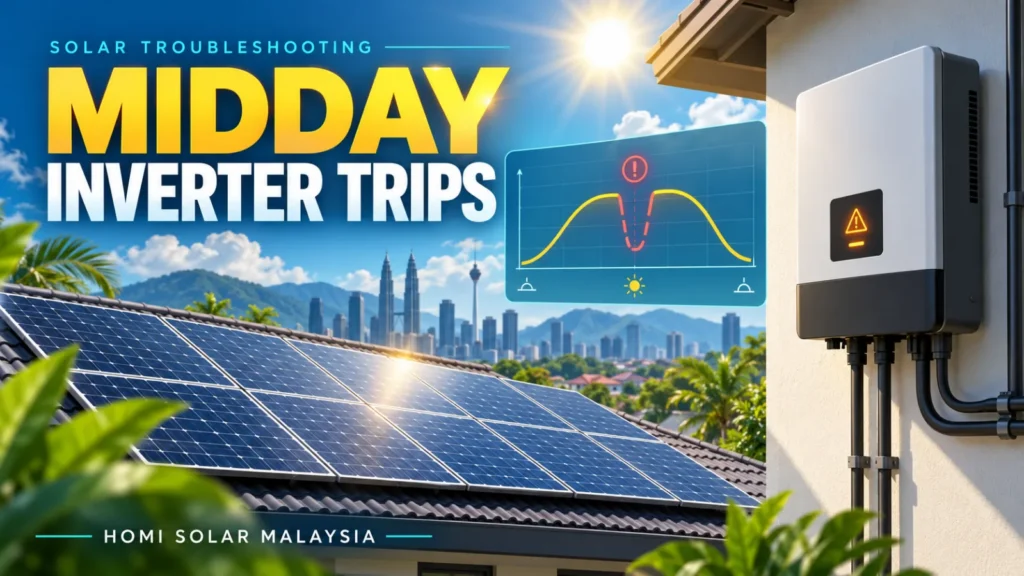 HOMI Solar Malaysia educational cover showing a colourful rooftop solar system, inverter warning symbol and midday production gap