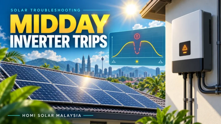 HOMI Solar Malaysia educational cover showing a colourful rooftop solar system, inverter warning symbol and midday production gap