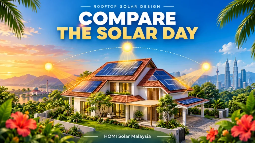HOMI Solar Malaysia educational cover showing a colourful Malaysian roof split into morning, midday and afternoon solar production zones