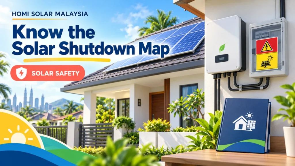 HOMI Solar Malaysia educational cover showing a labelled rooftop solar handover board and shutdown map