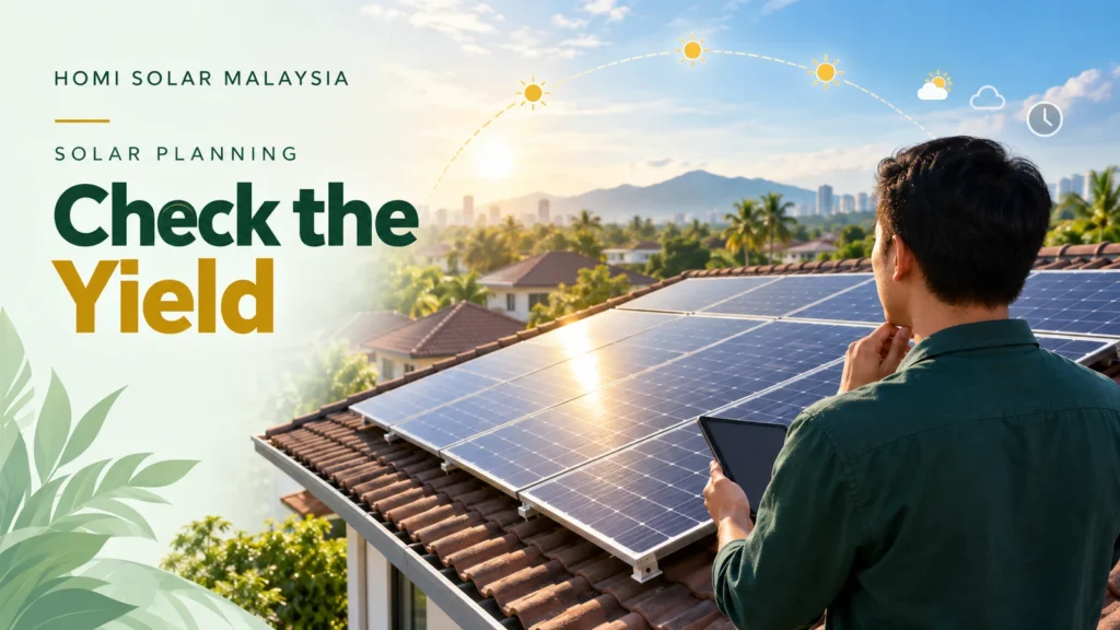 AI editorial illustration of a Malaysian solar yield forecast with roof plans in deep green and gold.