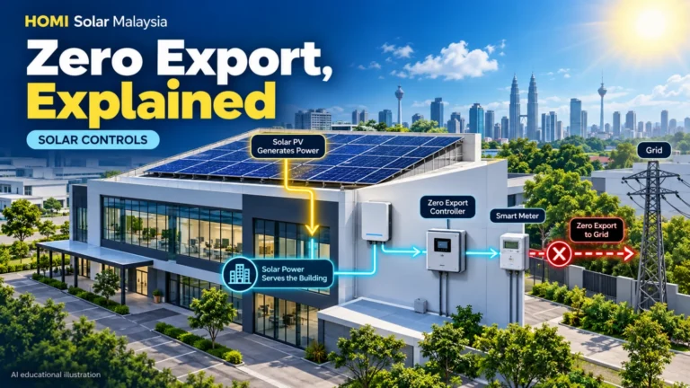 HOMI Solar Malaysia educational cover showing a Malaysian commercial building, rooftop solar and a zero-export controller balancing site load