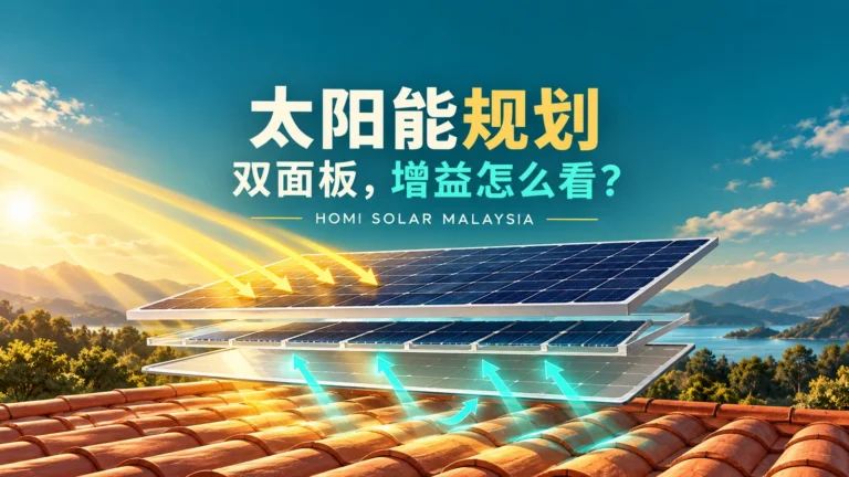 AI 概念插图：双面太阳能组件位于瓦屋顶上方，示意正面光与反射光；并非 HOMI 实际安装。