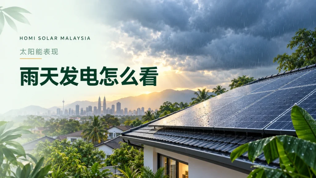 AI 编辑说明图:深绿与金色呈现马来西亚雨云下的屋顶太阳能。