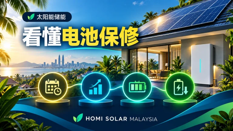 HOMI Solar Malaysia 教育封面，展示马来西亚住宅储能电池和四项保修检查：年限、吞吐电量、可用容量与期末容量