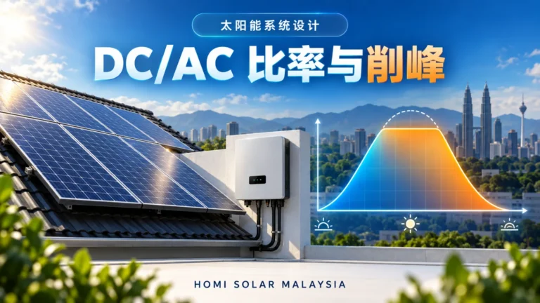 HOMI Solar Malaysia 教育封面，以彩色太阳能阵列、逆变器和中午顶部被削平的发电曲线解释 DC/AC 比率