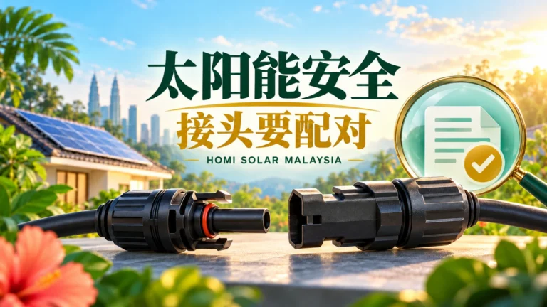 AI 概念插图：分开放置的太阳能 DC 接头与文件核对；不是 HOMI 实际安装，也不是获准配对的产品证据。