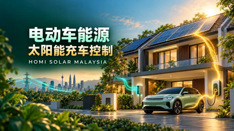 AI 生成的马来西亚太阳能住家与电动车充电概念图，展示太阳能和电网路径，并非 HOMI 实际安装。