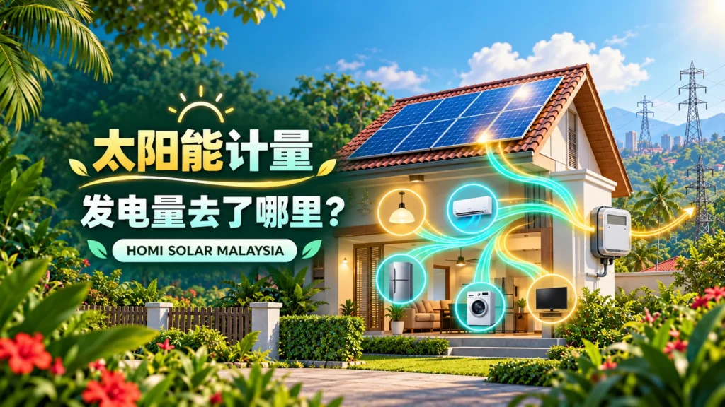 AI 生成马来西亚太阳能住家概念图，展示屋内用电与电网之间的能源分配，并非 HOMI 实际安装。