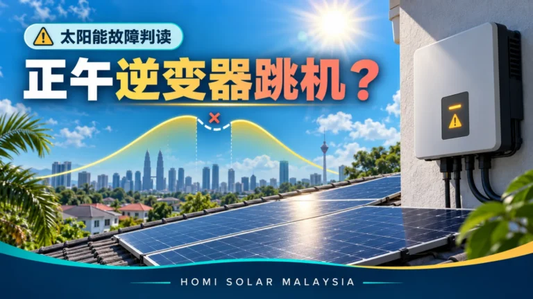 HOMI Solar Malaysia 教育封面，以彩色屋顶太阳能系统、逆变器警示及中午发电缺口说明跳机证据