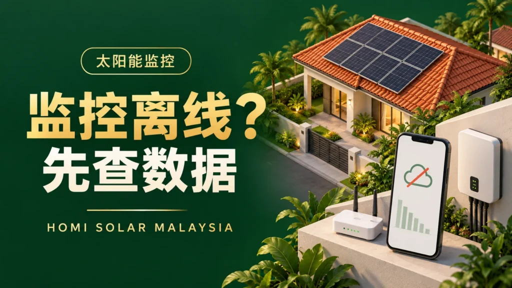 AI 生成概念示意图：马来西亚太阳能住宅、逆变器、路由器和出现通信缺口的监控 App。