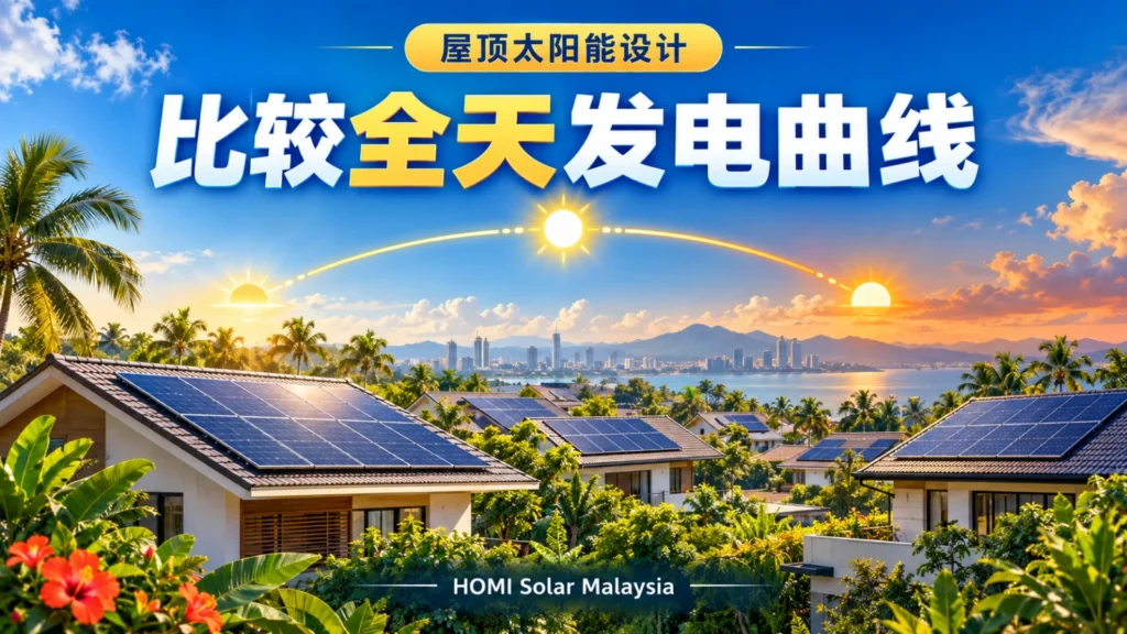 HOMI Solar Malaysia 教育封面，以彩色马来西亚屋顶展示早晨、中午和下午三个太阳能发电时段