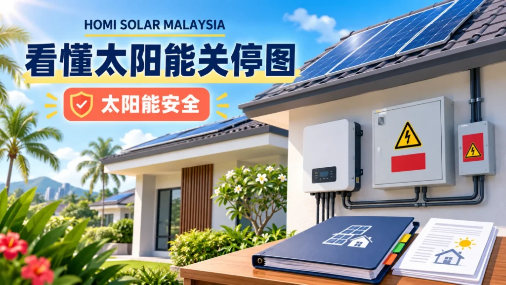 HOMI Solar Malaysia 教育封面,展示太阳能交接板、安全标签与关停位置图