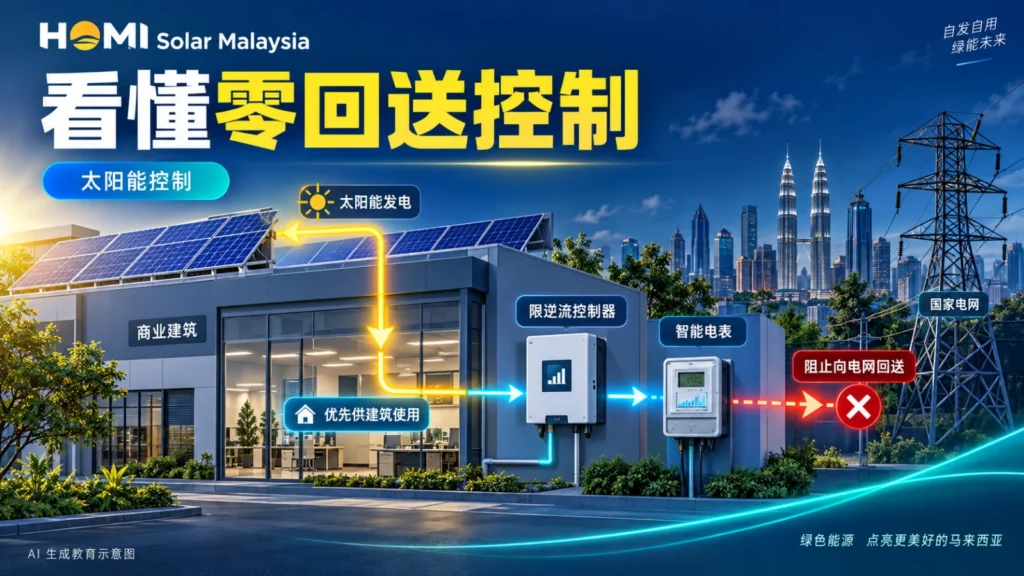 HOMI Solar Malaysia 教育封面,展示马来西亚商业建筑、屋顶太阳能和按场地负载调节的零回送控制器